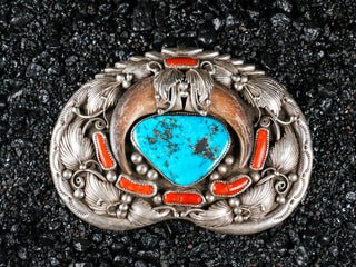 Vintage Persian Turquoise, Coral, & Bear Claw Belt Buckle | Artisan Handmade